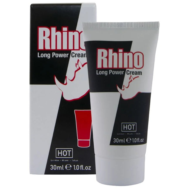 Weiße tube mit schwarzer und roter markierung rhino long power cream 30 ml hot wirkstoffgel