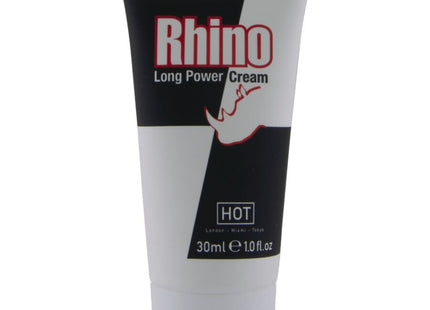Weiße kunststofftube rhino long power cream mit schwarzem und rotem etikett im produkt hot rhino long power cream 30 ml