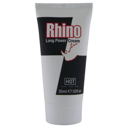 Weiße kunststofftube rhino long power cream mit schwarzem und rotem etikett im produkt hot rhino long power cream 30 ml