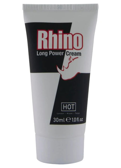 Weiße kunststofftube rhino long power cream mit schwarzem und rotem etikett im produkt hot rhino long power cream 30 ml
