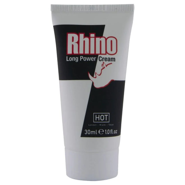 Weiße kunststofftube rhino long power cream mit schwarzem und rotem etikett im produkt hot rhino long power cream 30 ml