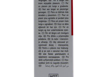 Rückseite einer silbernen kartonverpackung des hot rhino long power spray 10 ml mit mehrsprachigem text und rotem streifen