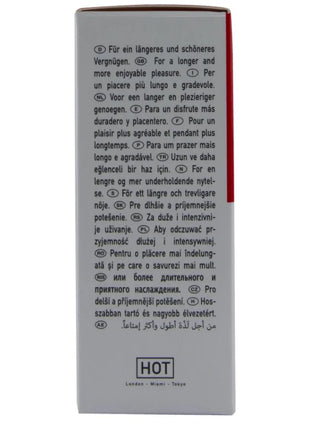 Rückseite einer silbernen kartonverpackung des hot rhino long power spray 10 ml mit mehrsprachigem text und rotem streifen