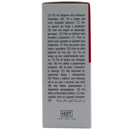 Rückseite einer silbernen kartonverpackung des hot rhino long power spray 10 ml mit mehrsprachigem text und rotem streifen