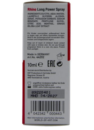 Rote und weiße kartonverpackung für hot rhino long power spray 10 ml e produkt hergestellt in deutschland