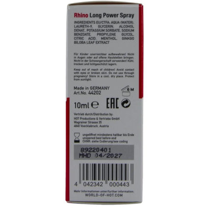 Rote und weiße kartonverpackung für hot rhino long power spray 10 ml e produkt hergestellt in deutschland