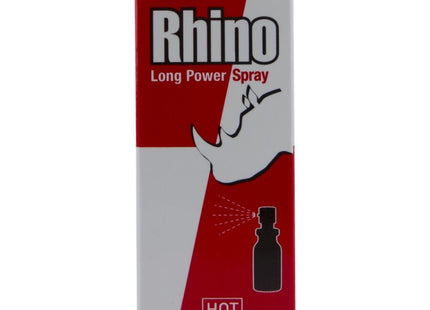 Rotes und weißes rechteckiges paket für hot rhino long power spray 10 ml mit stilisierter rhino-silhouette und schwarzem text