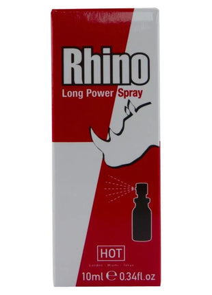 Rotes und weißes rechteckiges paket für hot rhino long power spray 10 ml mit stilisierter rhino-silhouette und schwarzem text