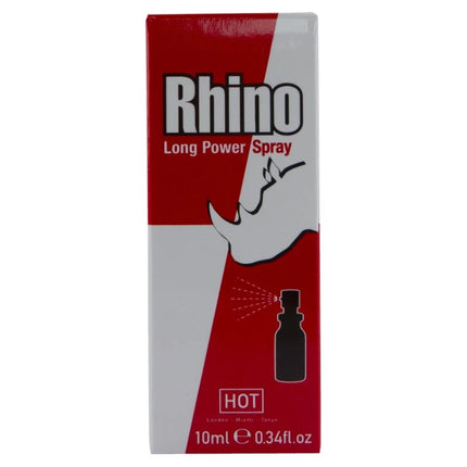 Rotes und weißes rechteckiges paket für hot rhino long power spray 10 ml mit stilisierter rhino-silhouette und schwarzem text