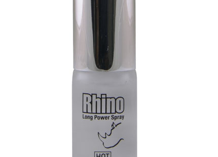 Silberner sprühflasche mit mattglas körper und schwarzer beschriftung rhino long power spray hot 10 ml