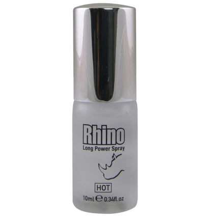 Silberner sprühflasche mit mattglas körper und schwarzer beschriftung rhino long power spray hot 10 ml