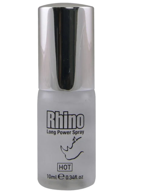 Silberner sprühflasche mit mattglas körper und schwarzer beschriftung rhino long power spray hot 10 ml