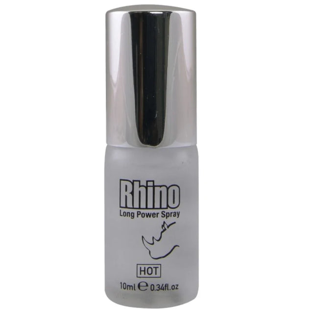 Silberner sprühflasche mit mattglas körper und schwarzer beschriftung rhino long power spray hot 10 ml