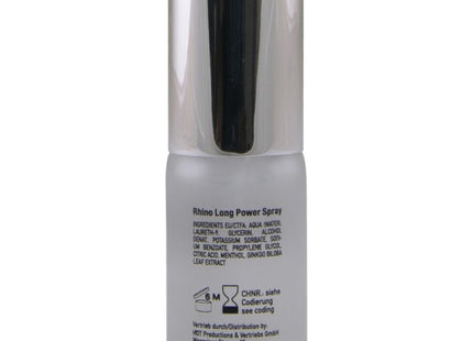 Silberner sprühflasche mit mattiertem glas und aufschrift rhino long power spray im produkt hot rhino long power spray 10 ml