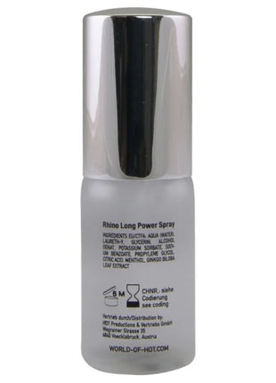 Silberner sprühflasche mit mattiertem glas und aufschrift rhino long power spray im produkt hot rhino long power spray 10 ml