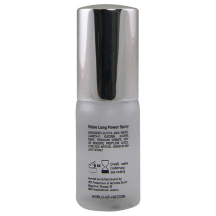 Silberner sprühflasche mit mattiertem glas und aufschrift rhino long power spray im produkt hot rhino long power spray 10 ml