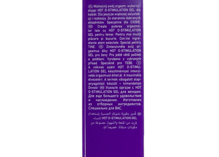Lila rechteckige box für hot-stimulationsgel für frauen 15 ml mit mehrsprachigem text und markenlogo london miami tokyo