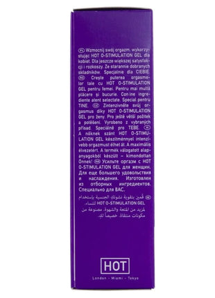 Lila rechteckige box für hot-stimulationsgel für frauen 15 ml mit mehrsprachigem text und markenlogo london miami tokyo