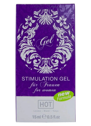 Lila rechteckige box mit weißem floralen muster und hot stimulation gel für frauen 15 ml zur anwendung bei frauen