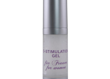 Silberne zylindrische flasche mit mattiertem glas und metallkappe mit o-stimulation gel für frauen in lila text