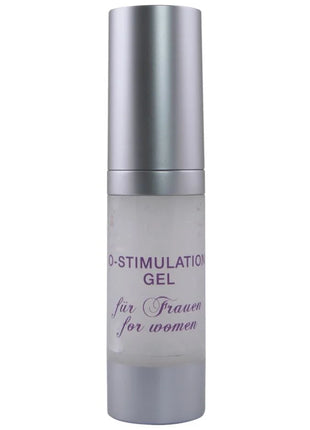 Silberne zylindrische flasche mit mattiertem glas und metallkappe mit o-stimulation gel für frauen in lila text