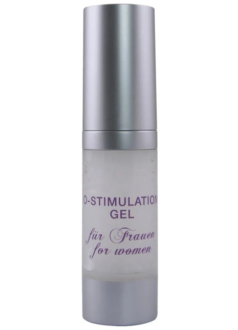 Silberne zylindrische flasche mit mattiertem glas und metallkappe mit o-stimulation gel für frauen in lila text