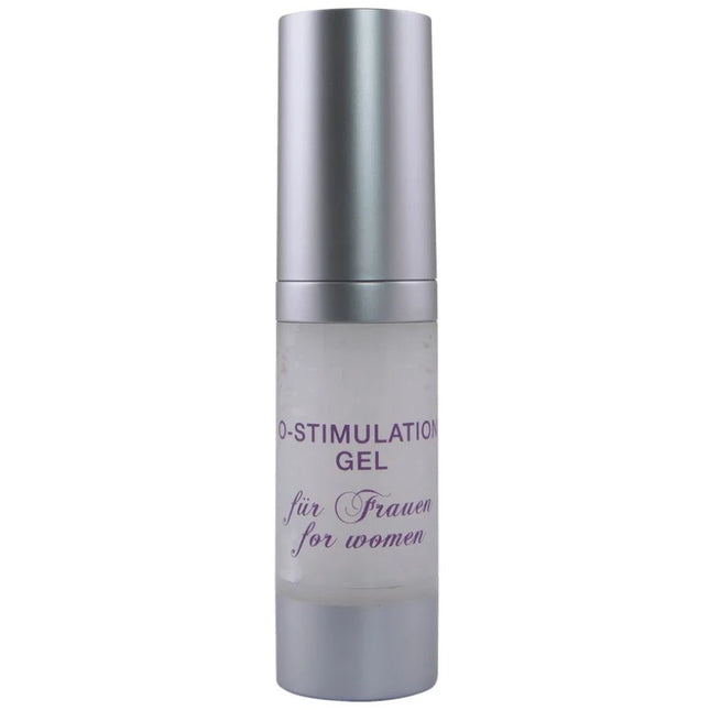 Silberne zylindrische flasche mit mattiertem glas und metallkappe mit o-stimulation gel für frauen in lila text