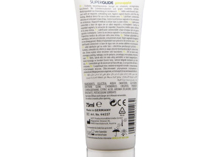 Weiße plastiktube der superglide aftershave lotion wasserbasiertes gleitmittel ananas 75 ml rückseite