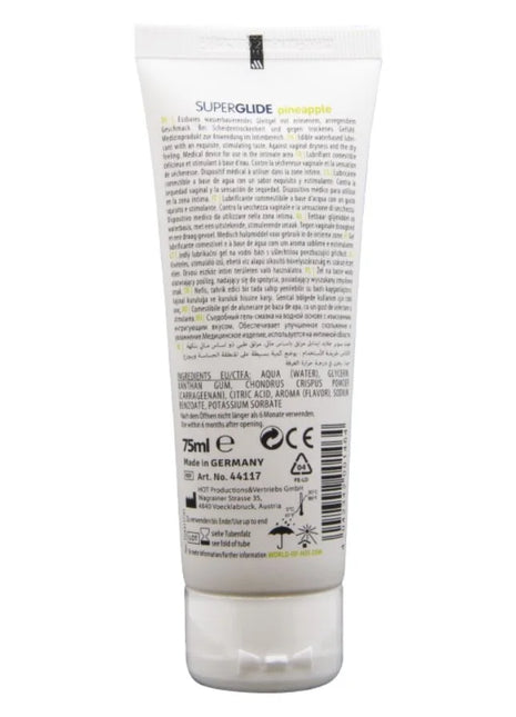 Weiße plastiktube der superglide aftershave lotion wasserbasiertes gleitmittel ananas 75 ml rückseite