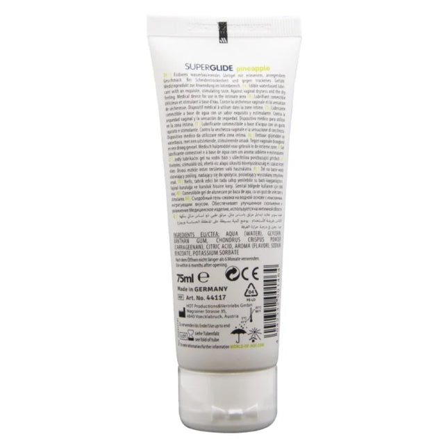 Weiße plastiktube der superglide aftershave lotion wasserbasiertes gleitmittel ananas 75 ml rückseite