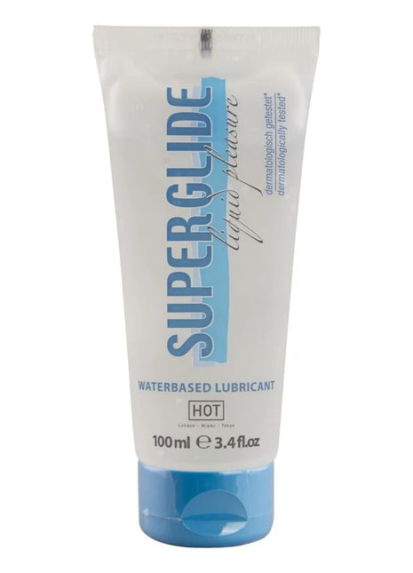 Weiße und blaue tube hot superglide liquid pleasure wasserbasierter gleitmittel 100 ml sichtbar