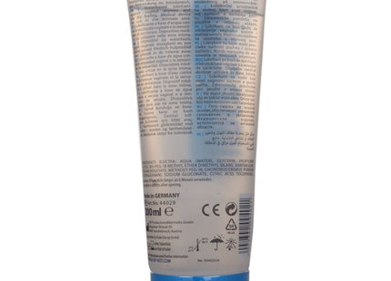 Ein silberfarbener, zusammendrückbarer tube mit blauem verschluss von hot superglide wasserbasiertem gleitmittel 200 ml