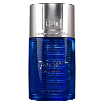 Blauer glasflakon hot twilight pheromon eau de parfum für männer mit silberkappe und vertikalen rillen 50 ml