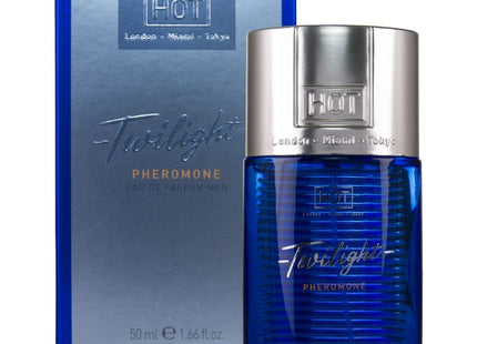 Blaue glasflasche hot twilight pheromon eau de parfum für männer 50 ml mit silbernem verschluss und vertikalen rillen