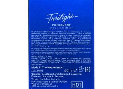 Blauer rechteckiger box für twilight pheromon eau de parfum für männer 50 ml hot edition