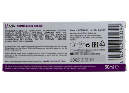 Lila und weiße rechteckige verpackung von v-activ stimulation creme für frauen 50 ml