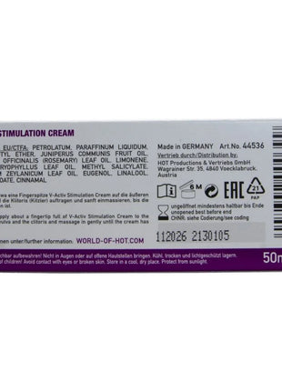 Lila und weiße rechteckige verpackung von v-activ stimulation creme für frauen 50 ml