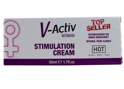 Weiße und violette rechteckige box der v-activ stimulierung creme für frauen 50 ml im hot-design