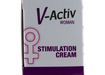 Weißer und lila rechteckiger karton von v-activ frau stimulation creme mit pinkem weiblichkeitssymbol 50 ml