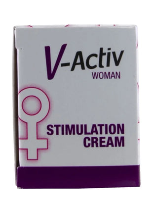 Weißer und lila rechteckiger karton von v-activ frau stimulation creme mit pinkem weiblichkeitssymbol 50 ml