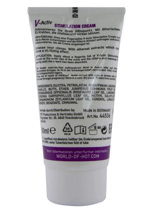 Weiße tube v-activ stimulierungcreme für frauen mit lila beschriftung 50 ml