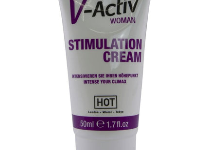 Weiße tube v-activ stimulation creme für frauen mit lila schrift und band 50ml im hot produktdesign