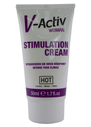 Weiße tube v-activ stimulation creme für frauen mit lila schrift und band 50ml im hot produktdesign