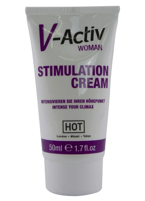 Weiße tube v-activ stimulation creme für frauen mit lila schrift und band 50ml im hot produktdesign