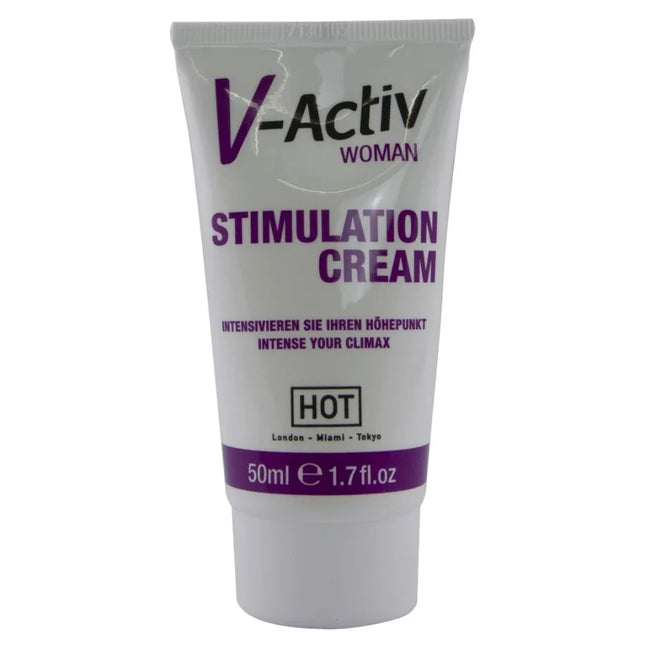 Weiße tube v-activ stimulation creme für frauen mit lila schrift und band 50ml im hot produktdesign