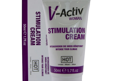 Weiße tube v-activ stimulation creme für frauen 50 ml mit lila branding und text für intensive weibliche stimulation