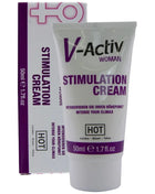 Weiße tube v-activ stimulation creme für frauen 50 ml mit lila branding und text für intensive weibliche stimulation