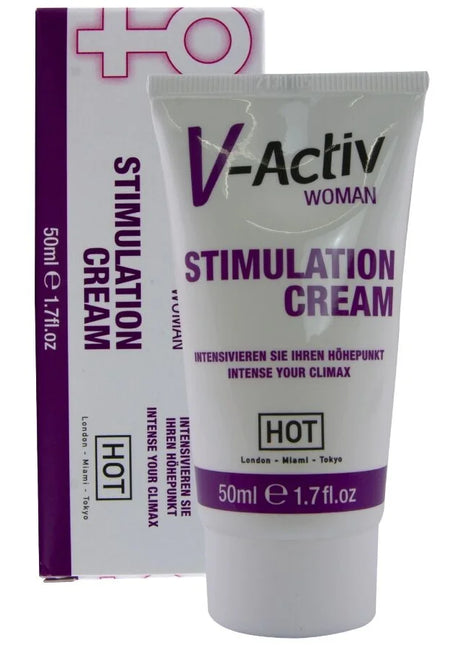 Weiße tube v-activ stimulation creme für frauen 50 ml mit lila branding und text für intensive weibliche stimulation