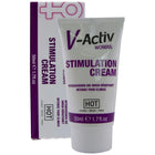 Weiße tube v-activ stimulation creme für frauen 50 ml mit lila branding und text für intensive weibliche stimulation