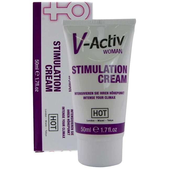 Weiße tube v-activ stimulation creme für frauen 50 ml mit lila branding und text für intensive weibliche stimulation